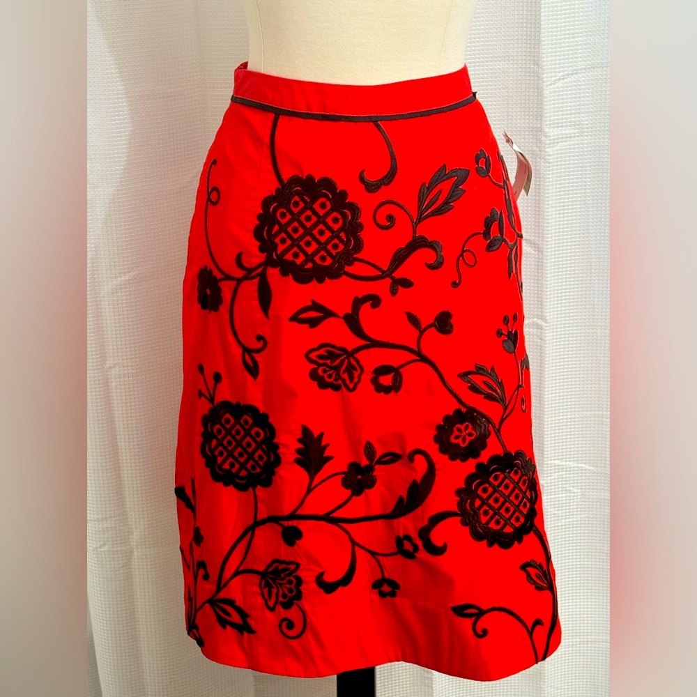 Elegant Red A-Line Skirt with Black Floral Design